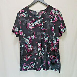 Scrubstar V-Neck Floral Medical Scrub Top Black Pink Teal Size UNK